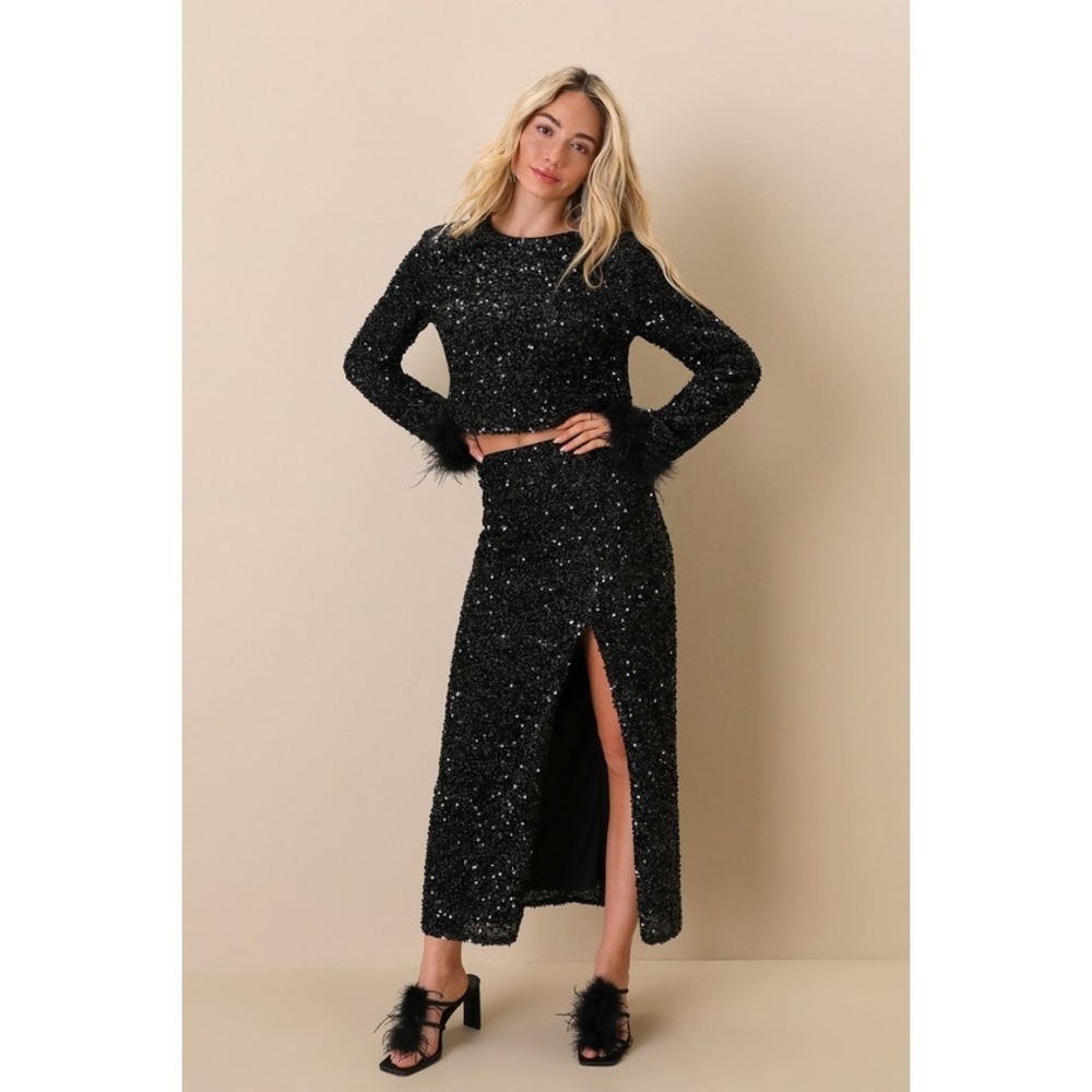 Lulus Sparkling Behavior Black Sequin High-rise Midi Skirt